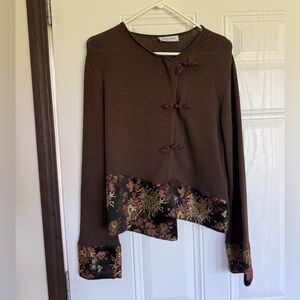 Ball of cotton brown asymmetrical button cardigan sweater Asian floral trim